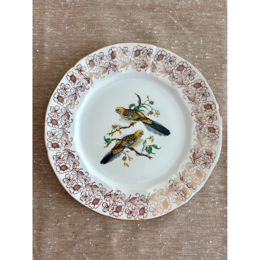 VTG Porcelain Parakeet Bird Display Wall Plate Gold Chintz Floral Dish